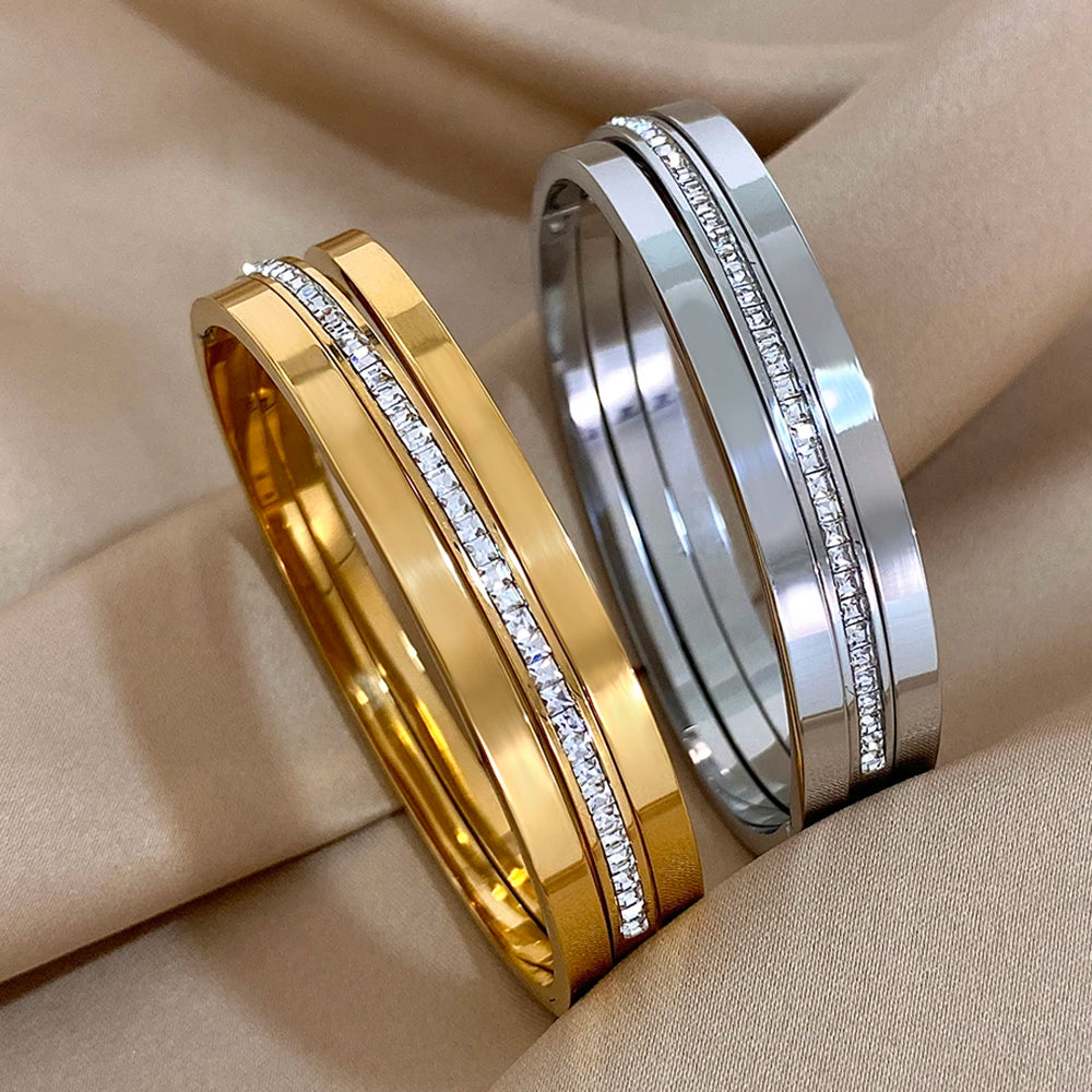 AENSOA 3Pcs Simple Gold Plated Crystal Cuff Bracelet