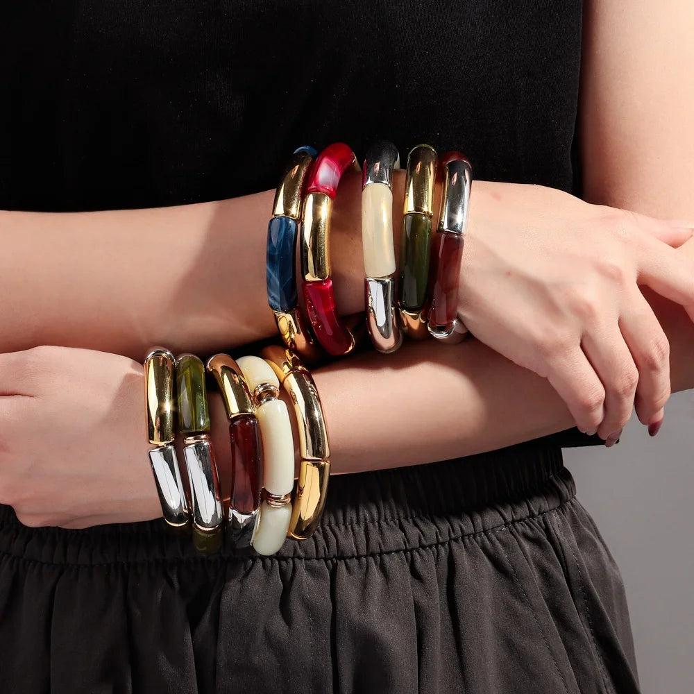 FISHSHEEP Bohemia Acrylic Gold and Silver Color Chunky Bamboo Bracelet