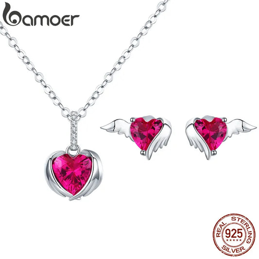BAMOER 4 Pcs Guardian Wings Heart Pendant Necklace Stud Earrings Set for Women
