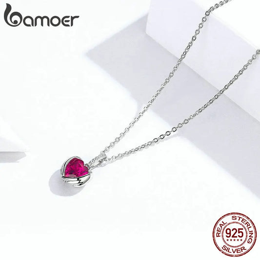BAMOER 4 Pcs Guardian Wings Heart Pendant Necklace Stud Earrings Set for Women