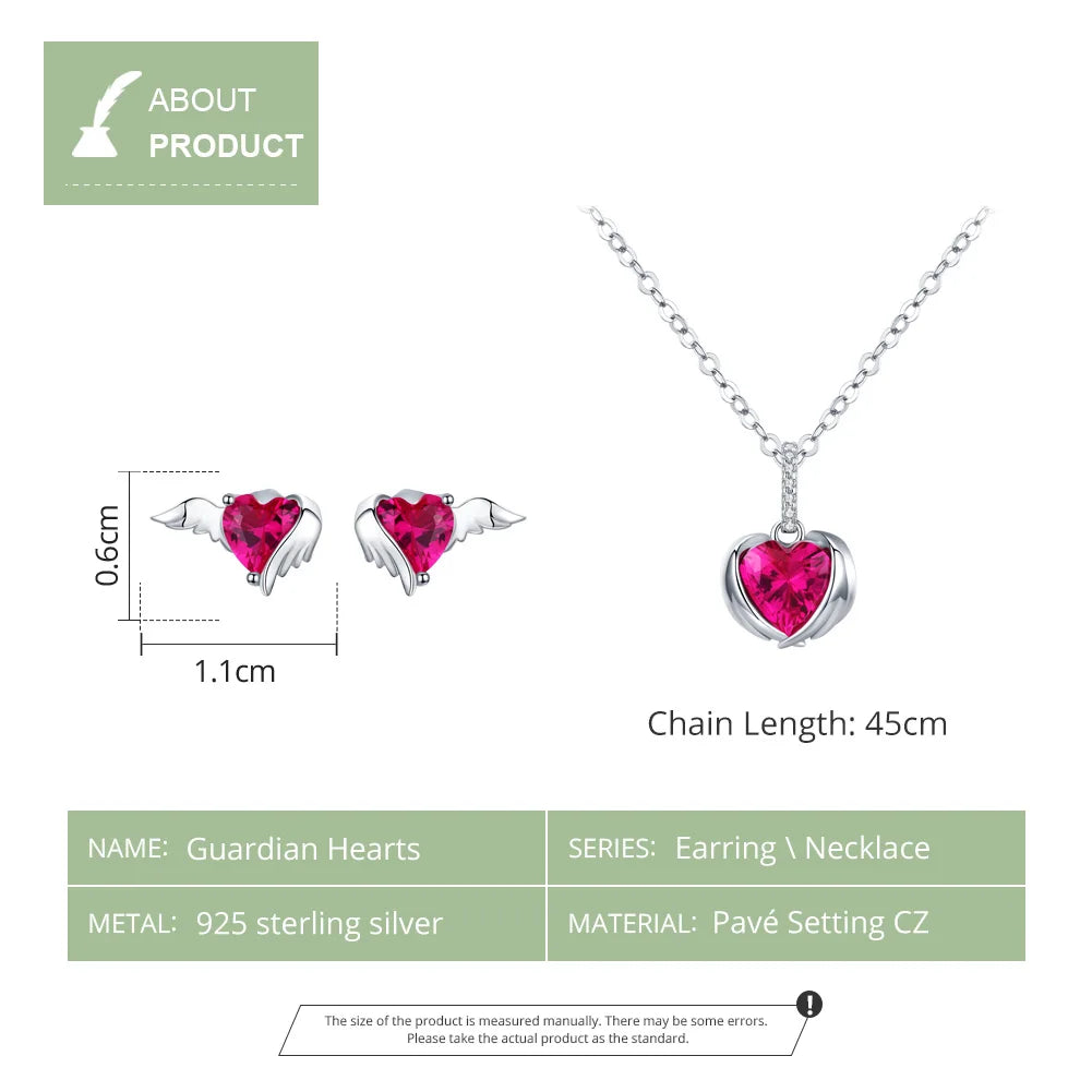 BAMOER 4 Pcs Guardian Wings Heart Pendant Necklace Stud Earrings Set for Women