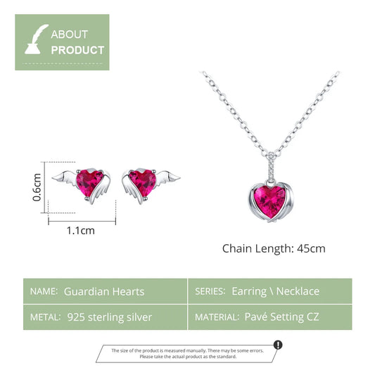 BAMOER 4 Pcs Guardian Wings Heart Pendant Necklace Stud Earrings Set for Women
