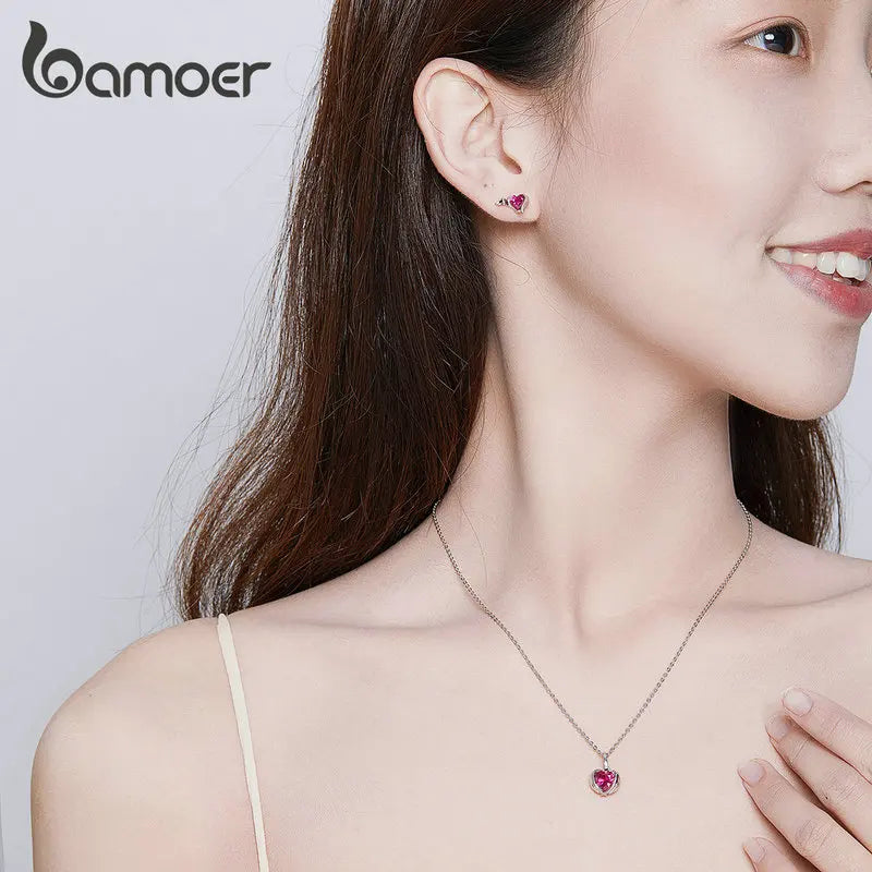 BAMOER 4 Pcs Guardian Wings Heart Pendant Necklace Stud Earrings Set for Women