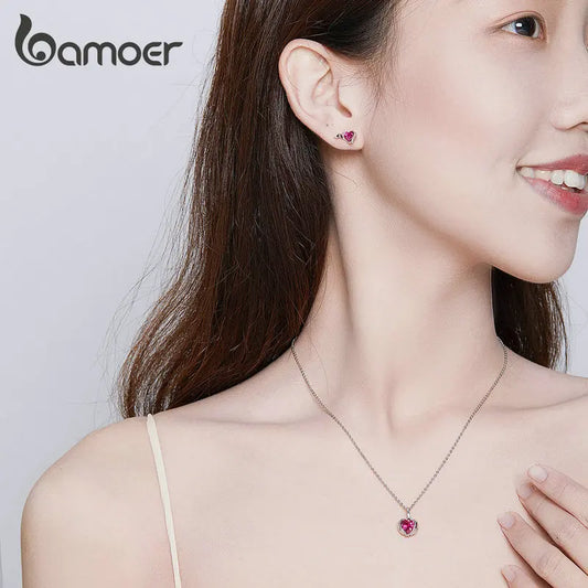 BAMOER 4 Pcs Guardian Wings Heart Pendant Necklace Stud Earrings Set for Women
