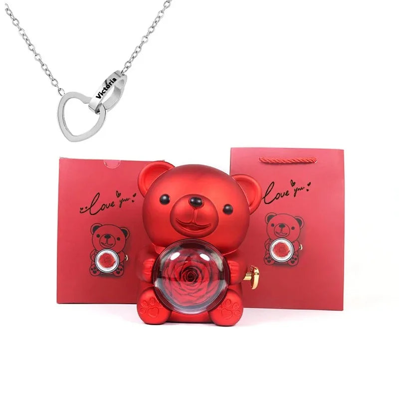 Eternal Rose Teddy Bear Gift Box with Necklace