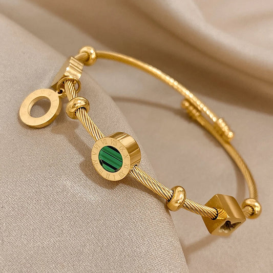 AENSOA 316L Stainless Steel Malachite Roman Letters Charm Bracelet