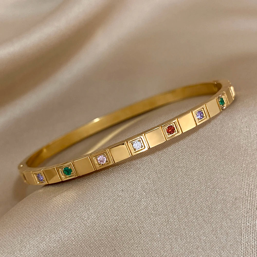 AENSOA Inlaid Square Small Colored Zircon Stainless Steel Bracelet