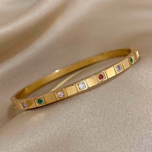 AENSOA Inlaid Square Small Colored Zircon Stainless Steel Bracelet
