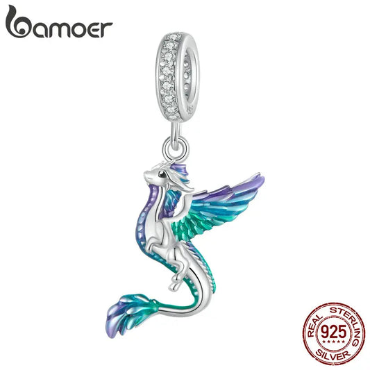 BAMOER 925 Sterling Silver Colorful Enamel Flying Dragon Pendant Bracelet and Necklace Set