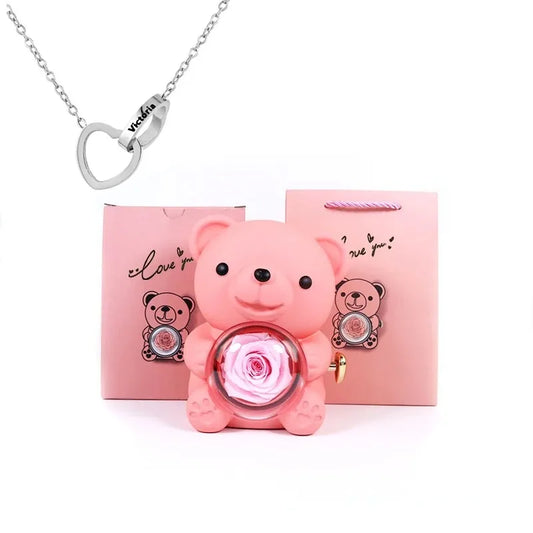Eternal Rose Teddy Bear Gift Box with Necklace