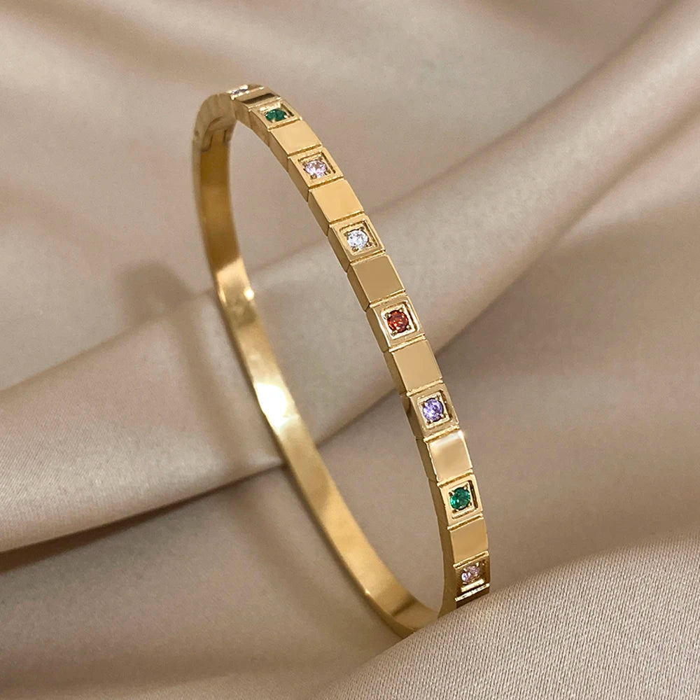 AENSOA Inlaid Square Small Colored Zircon Stainless Steel Bracelet