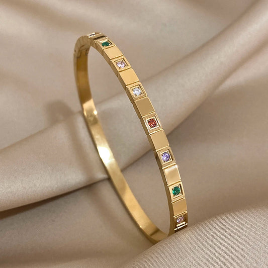 AENSOA Inlaid Square Small Colored Zircon Stainless Steel Bracelet