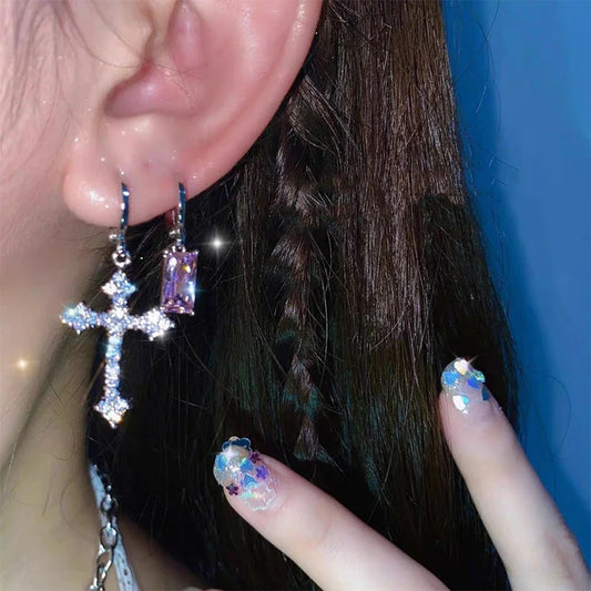 Rhinestone Cross Charm Drop Earrings for Women