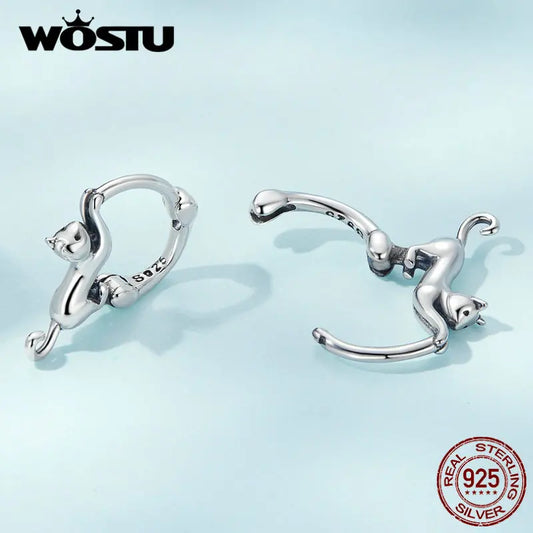 WOSTU Real 925 Sterling Silver Cute Cat Stud Earrings for Women