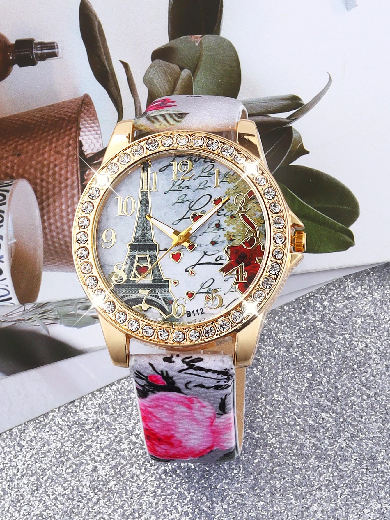 6Pcs Set Stylish Eiffel Tower Rhinestone Mirror Quartz Watch