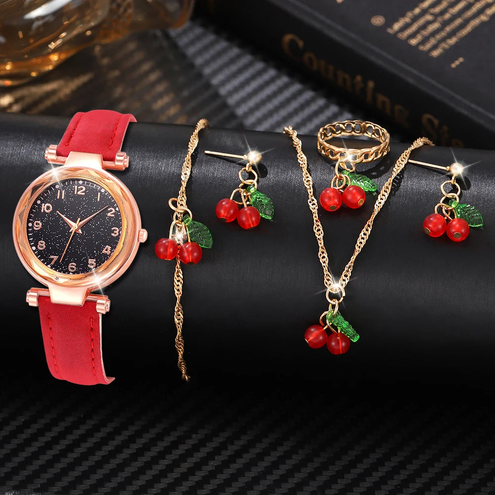 6Pcs/Set Red Watch With Minimalist Elements for Women