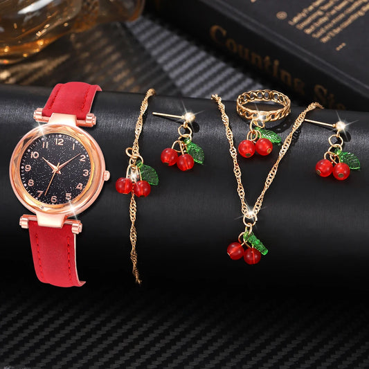 6Pcs/Set Red Watch With Minimalist Elements for Women