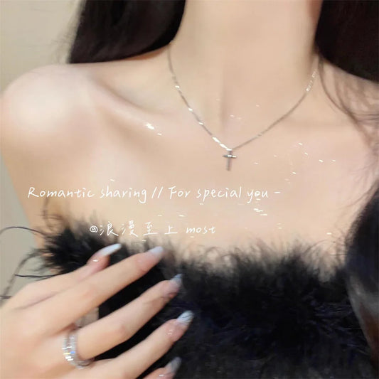 KPOP Y2K Silver Color Cubic Zircon Cross Necklace