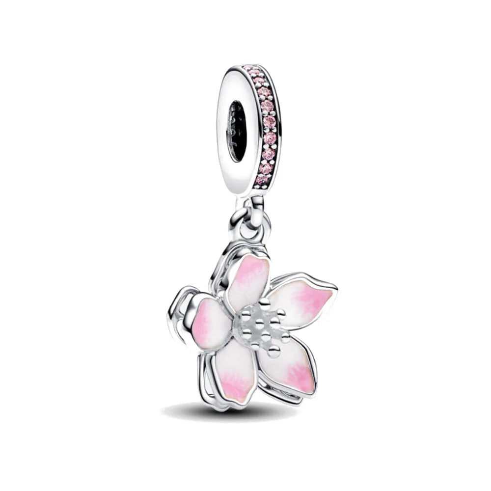 Spring Pink Series 925 Sterling Silver Enamel Dangle Pendant Bracelet
