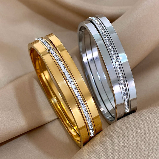 AENSOA 3Pcs Simple Gold Plated Crystal Cuff Bracelet