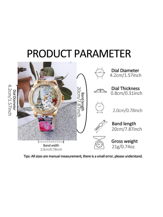 6Pcs Set Stylish Eiffel Tower Rhinestone Mirror Quartz Watch