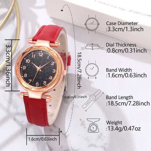 6Pcs/Set Red Watch With Minimalist Elements for Women
