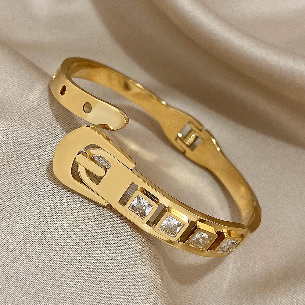 AENSOA Inlaid Rhinestone Stainless Steel Open Bracelet for Women