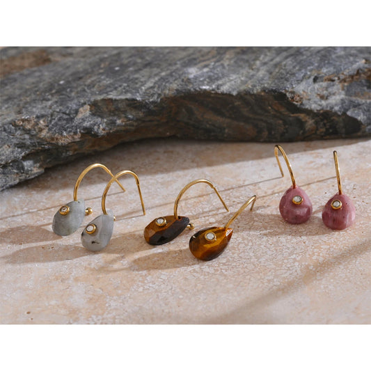 Natural Stone Water Drop Hoop Earrings for Women