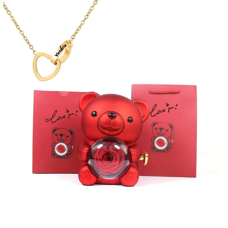 Eternal Rose Teddy Bear Gift Box with Necklace