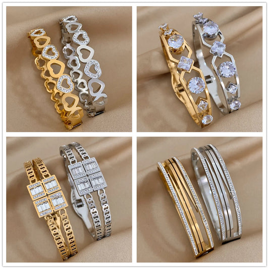 AENSOA Inlaid Rhinestone Zircon Stainless Steel Bracelet