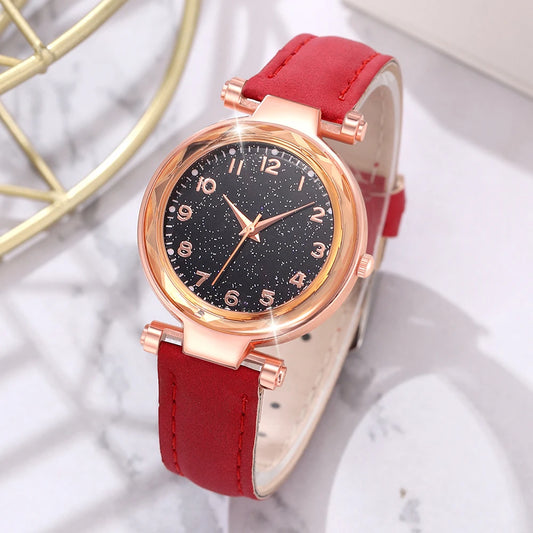 6Pcs/Set Red Watch With Minimalist Elements for Women