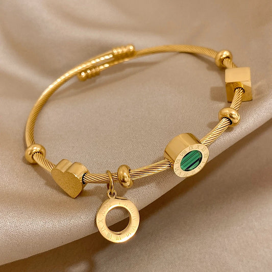 AENSOA 316L Stainless Steel Malachite Roman Letters Charm Bracelet