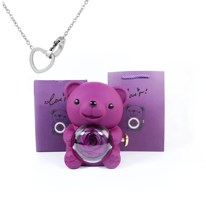 Eternal Rose Teddy Bear Gift Box with Necklace