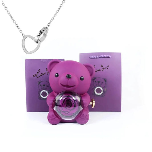 Eternal Rose Teddy Bear Gift Box with Necklace