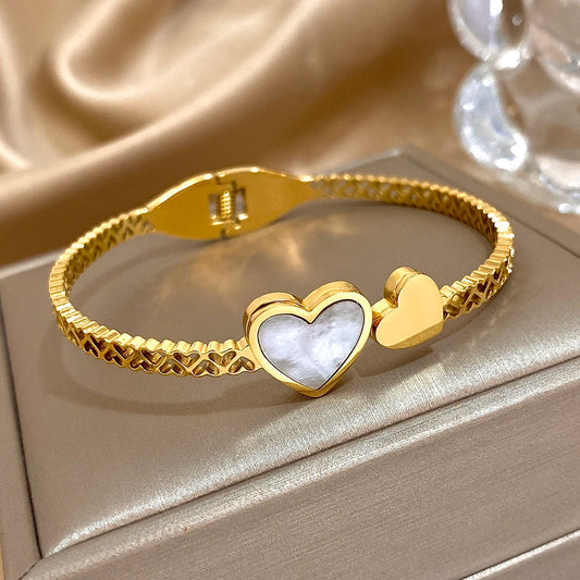 AENSOA Stainless Steel Inlaid Shell Double Heart Cuff Bracelet for Women