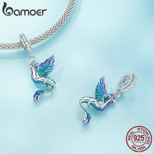 BAMOER 925 Sterling Silver Colorful Enamel Flying Dragon Pendant Bracelet and Necklace Set