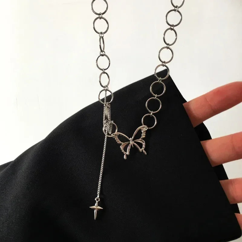 YIYUEQIANLI Hip Hop Butterfly Pendant Tassel Choker Necklace for Women