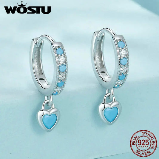 WOSTU 925 Sterling Silver Blue Heart-shaped Turquoise Hoop Earrings