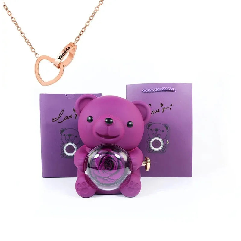 Eternal Rose Teddy Bear Gift Box with Necklace