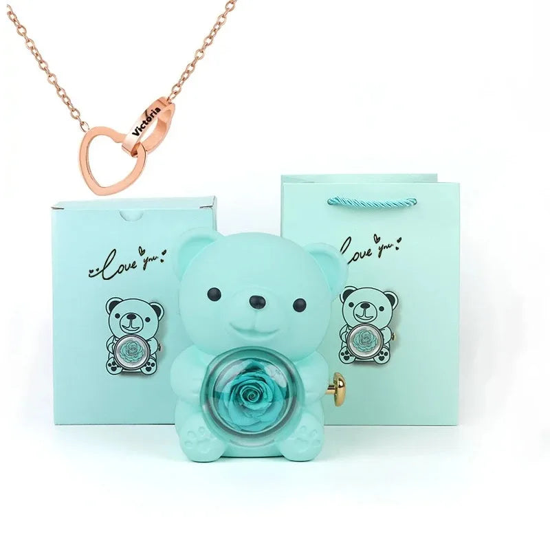 Eternal Rose Teddy Bear Gift Box with Necklace