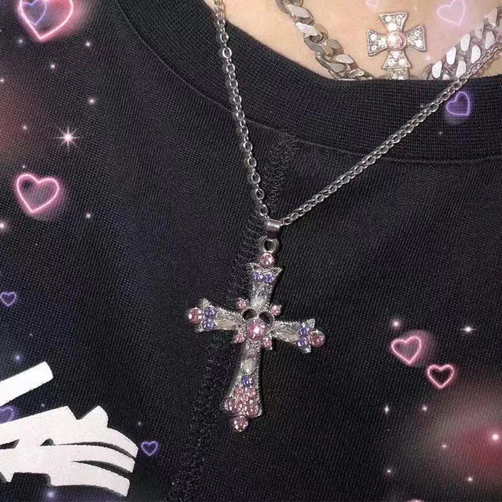 KPOP Y2K Silver Color Cubic Zircon Cross Necklace