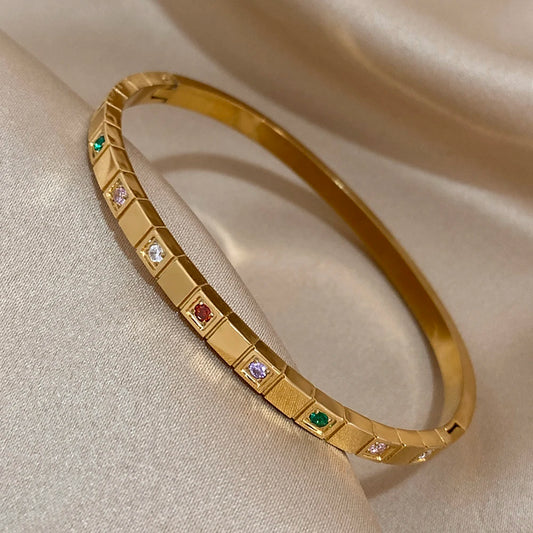 AENSOA Inlaid Square Small Colored Zircon Stainless Steel Bracelet
