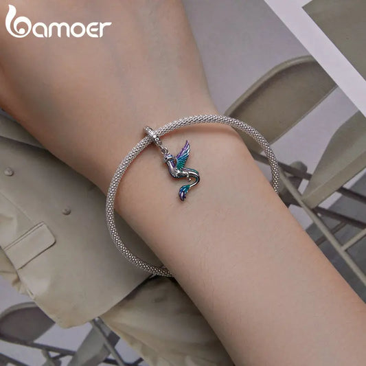 BAMOER 925 Sterling Silver Colorful Enamel Flying Dragon Pendant Bracelet and Necklace Set