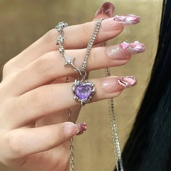Y2K Purple Crystal Heart Pendant Necklace for Women