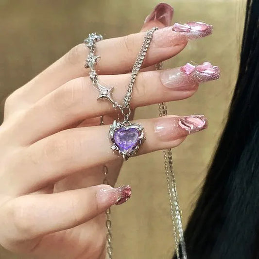 Y2K Purple Crystal Heart Pendant Necklace for Women