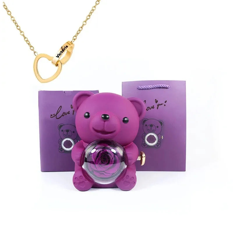 Eternal Rose Teddy Bear Gift Box with Necklace