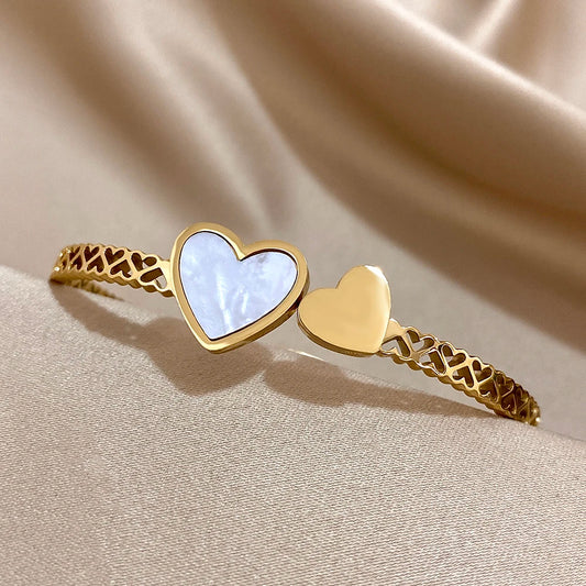 AENSOA Stainless Steel Inlaid Shell Double Heart Cuff Bracelet for Women