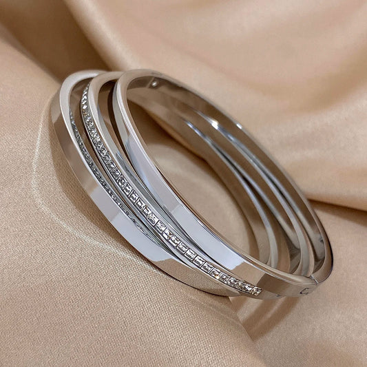 AENSOA 3Pcs Simple Gold Plated Crystal Cuff Bracelet