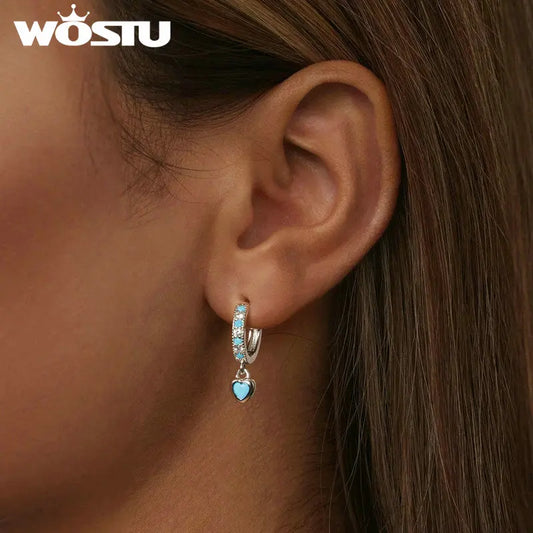 WOSTU 925 Sterling Silver Blue Heart-shaped Turquoise Hoop Earrings