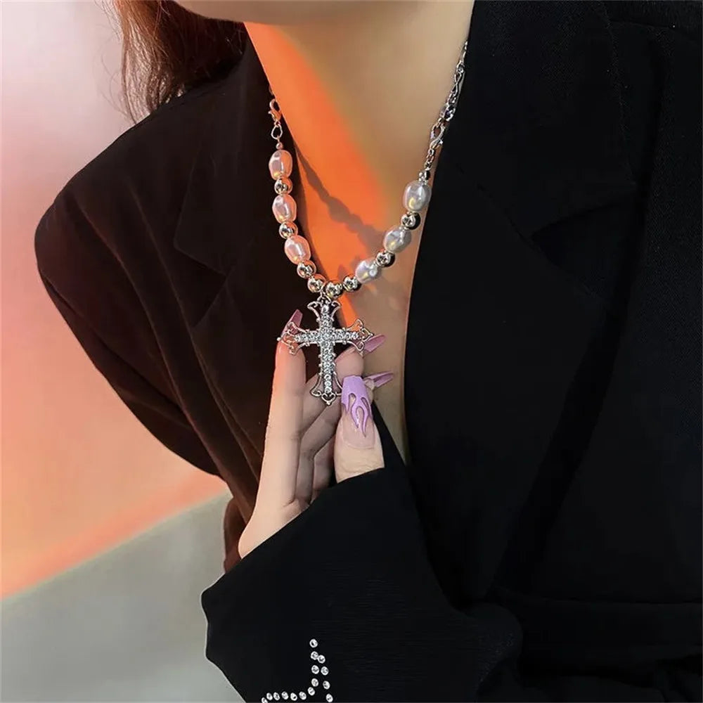 KPOP Y2K Silver Color Cubic Zircon Cross Necklace